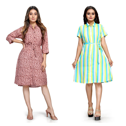 Women's Crepe Printed Shirt Style Short Dress Buy 1 Get 1 Free